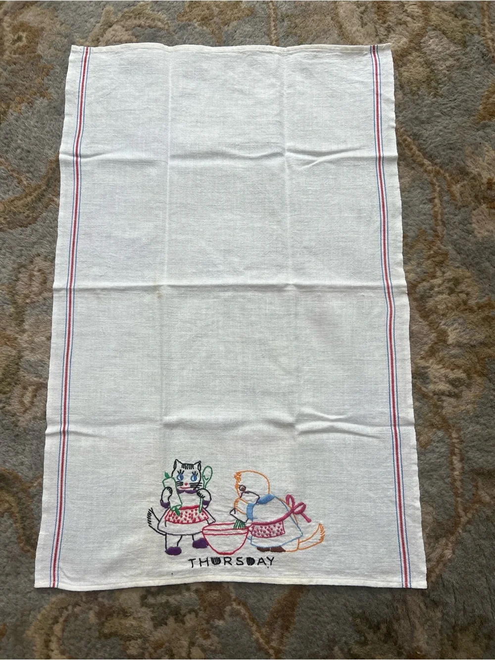 Vintage Embroidered Dishcloths‎ Linens - Kitty Cat